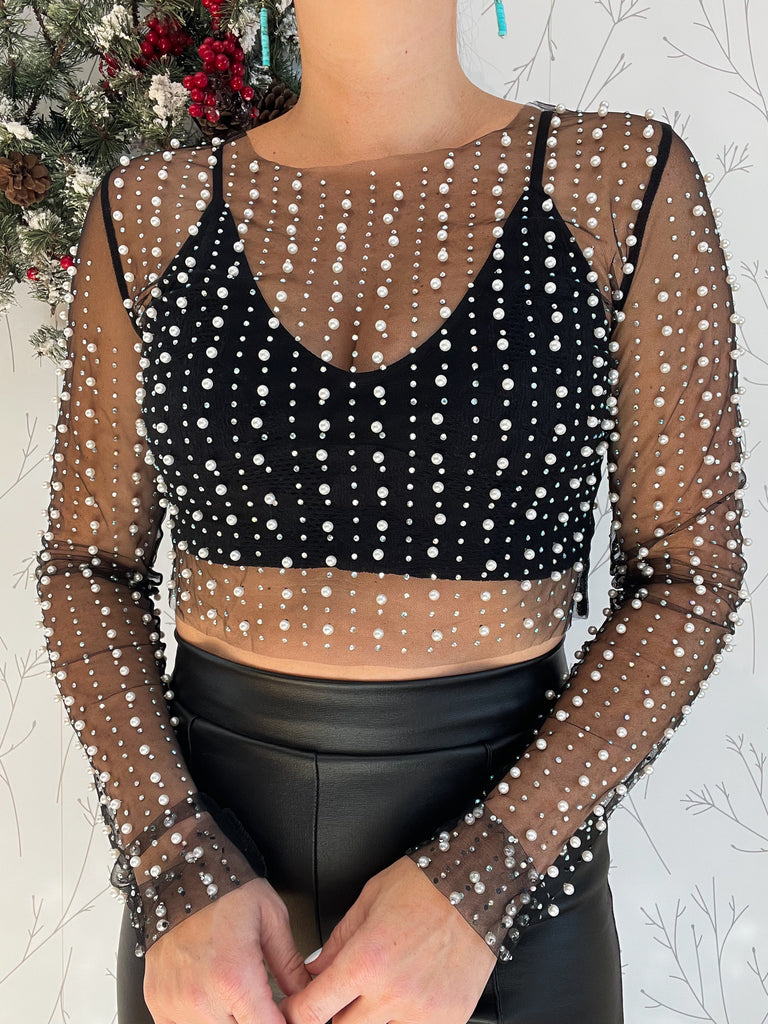 Pearl & Rhinestone Mesh Top – 3 jems boutique