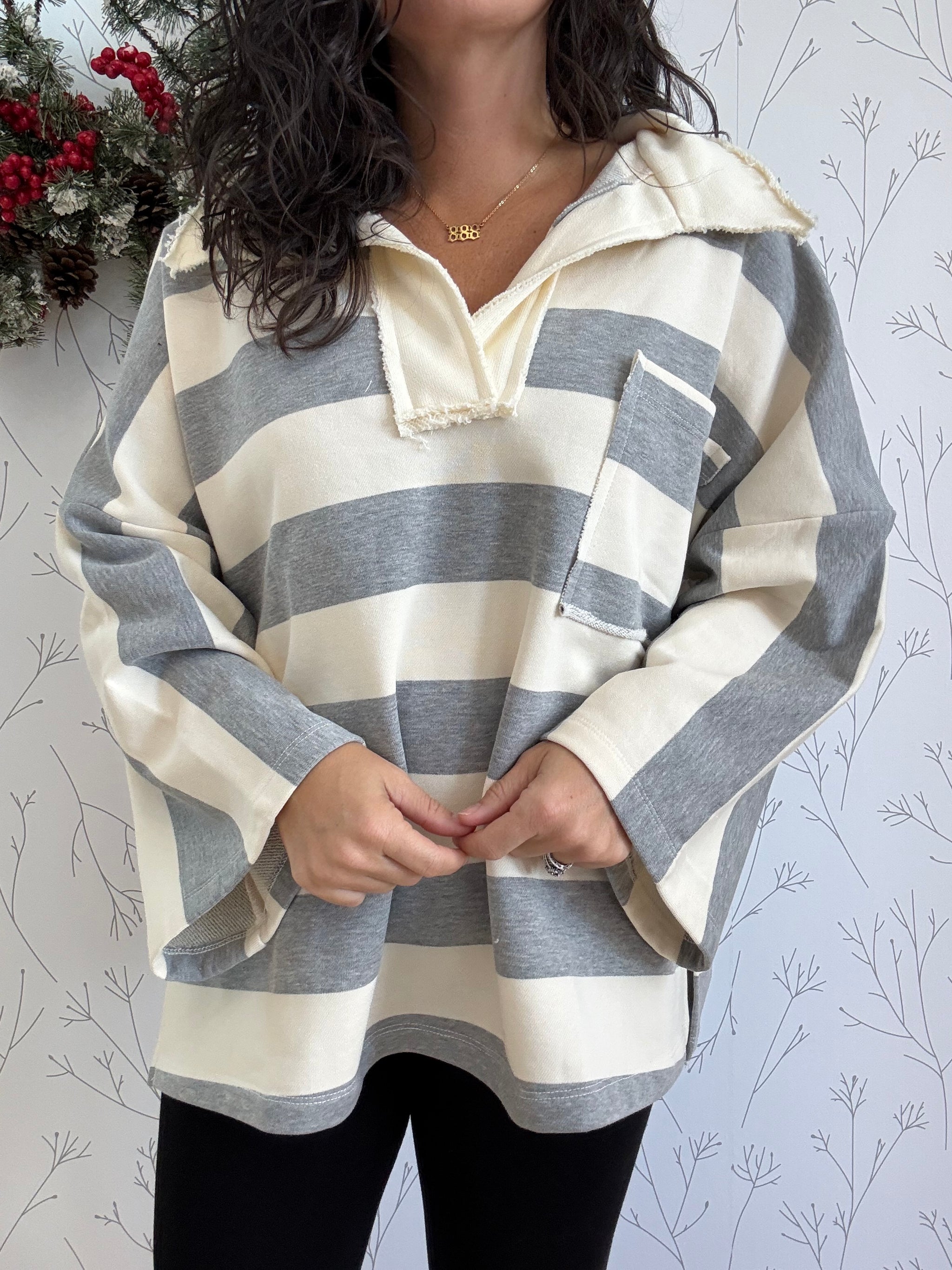 Open Collar Oversized Striped Top