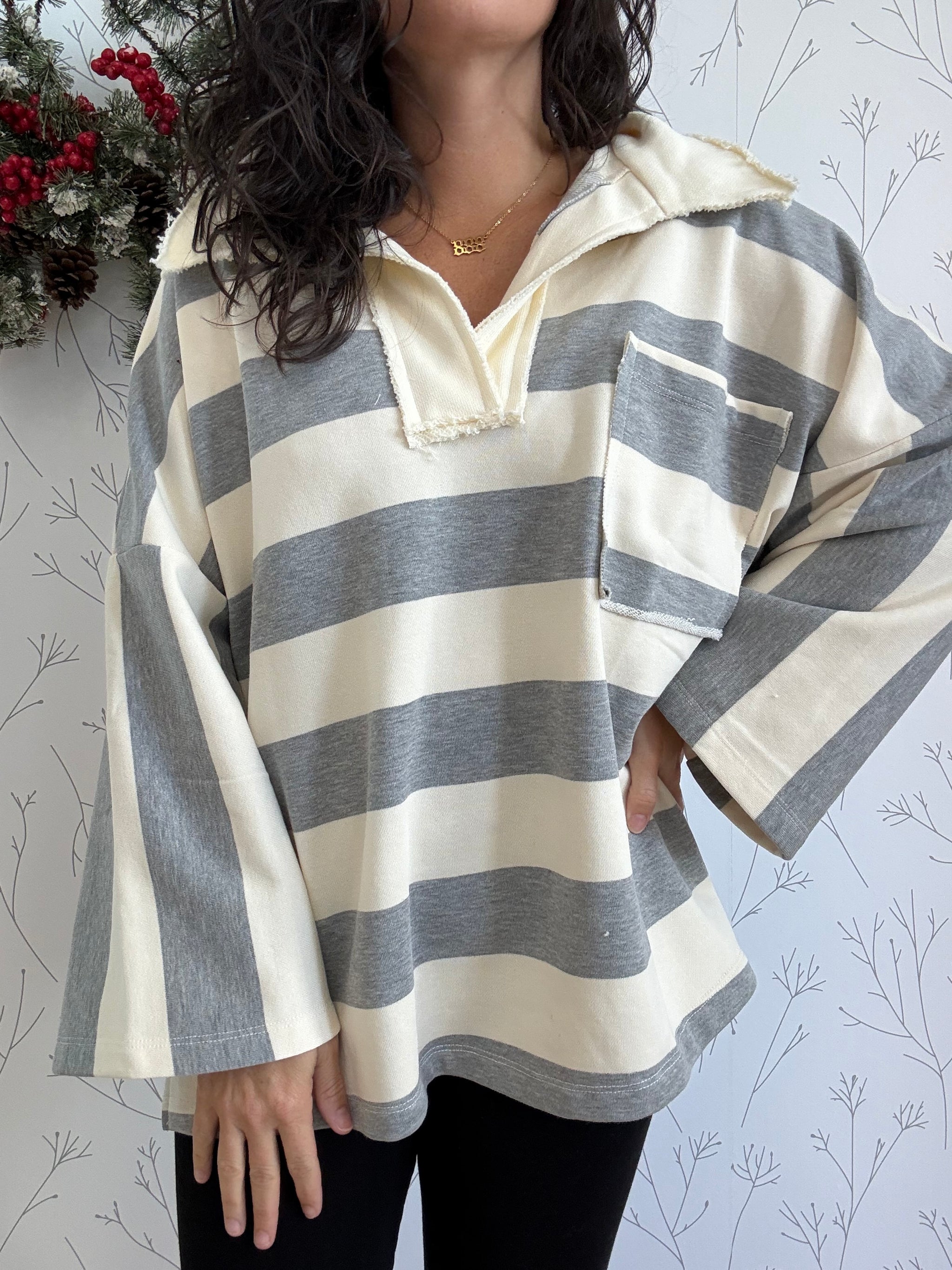 Open Collar Oversized Striped Top