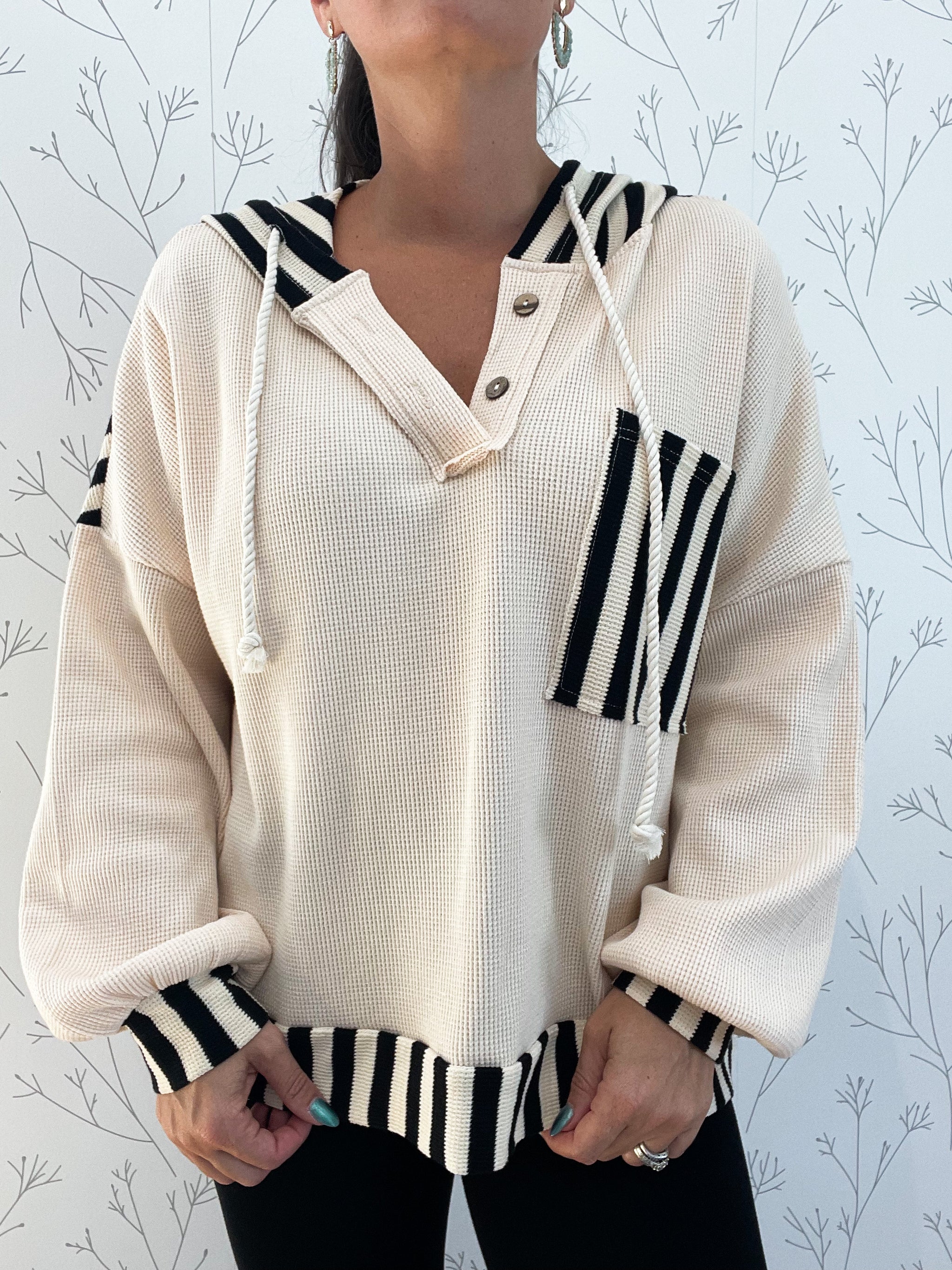 Solid Knit & Stripe Mixed Hoodie Top