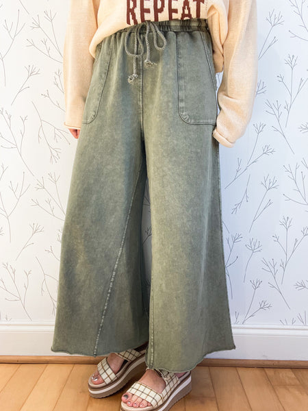 Cropped Washed Terry Wide Leg Pants - Including Plus