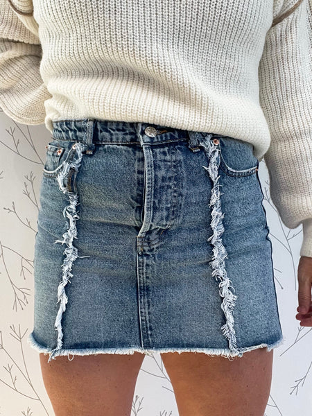 Denim Mini Skirt w/ Frayed Hem