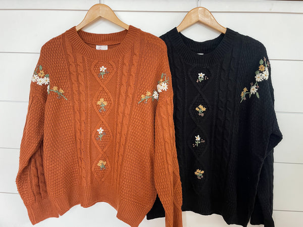 Embroidered Floral Cable Knit Sweater