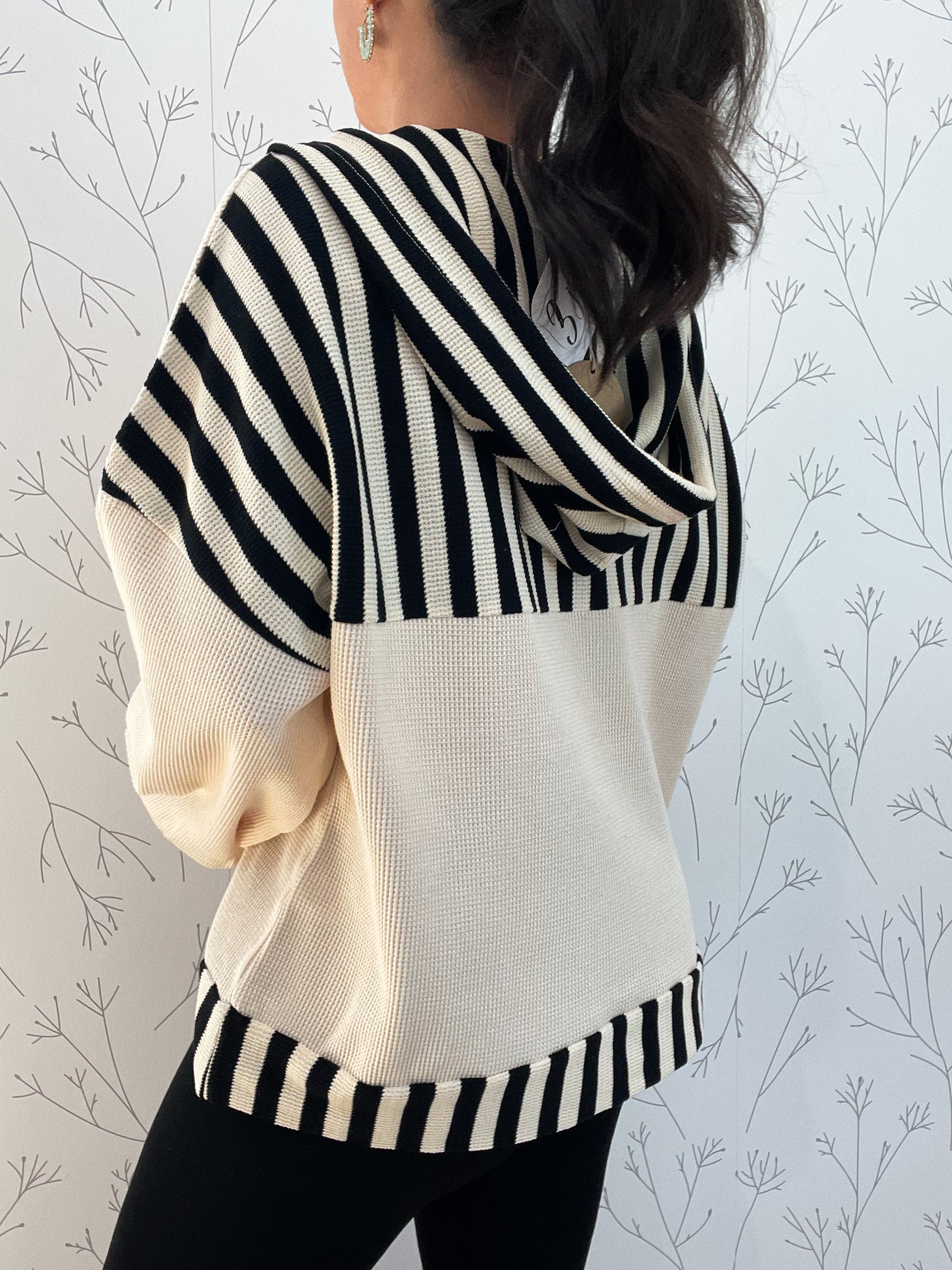 Solid Knit & Stripe Mixed Hoodie Top