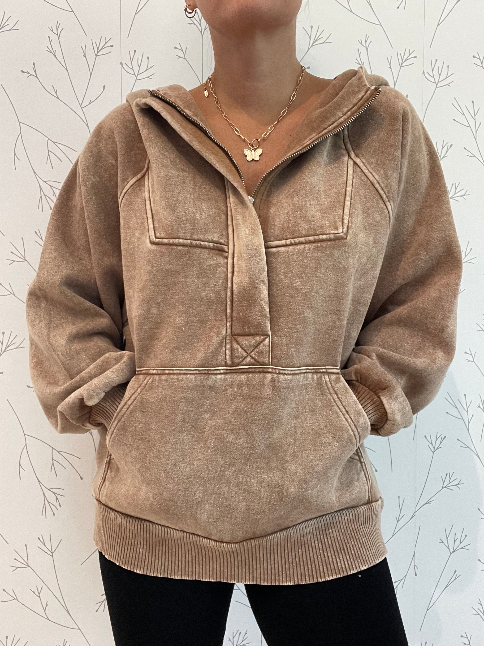 1/4 Zip Acid Washed Oversized Hoodie