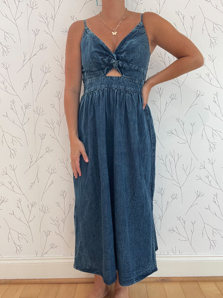 Denim Twist Front Midi Dress