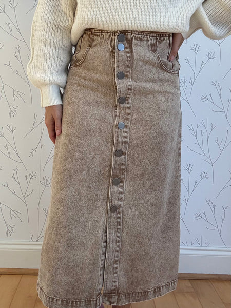 Vintage Washed Denim Button Front Midi Skirt