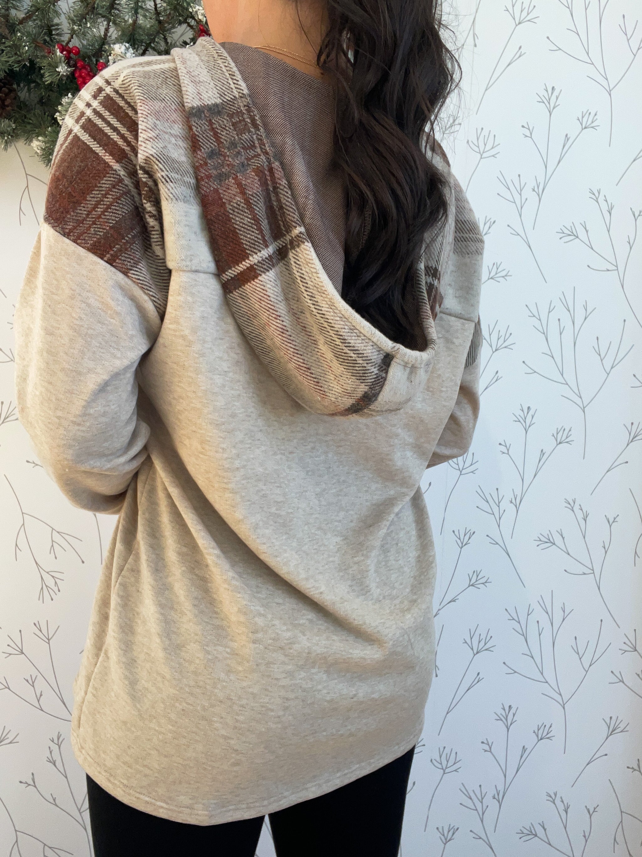 French Terry Plaid Knit Hoodie Top