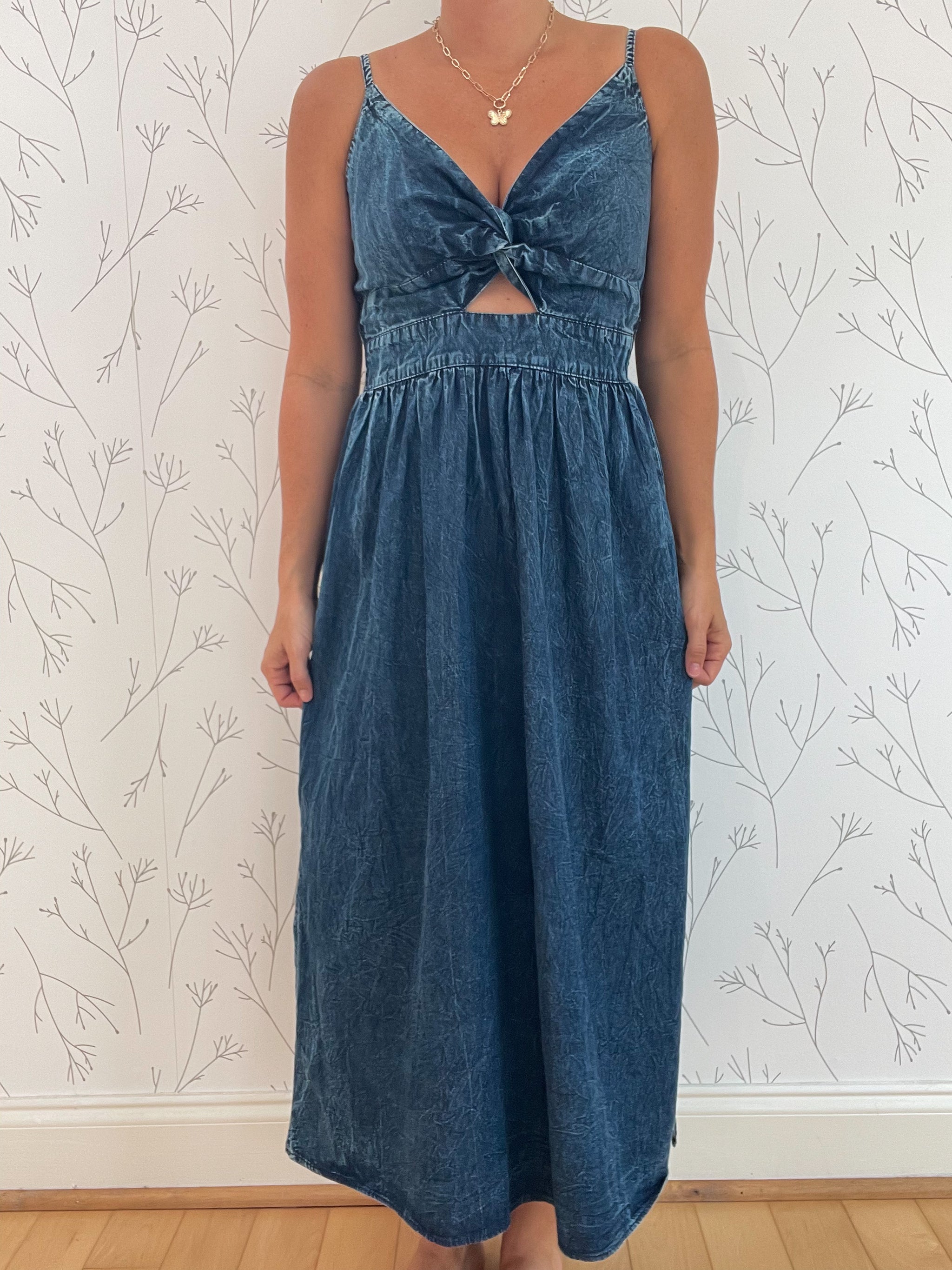 Denim Twist Front Midi Dress