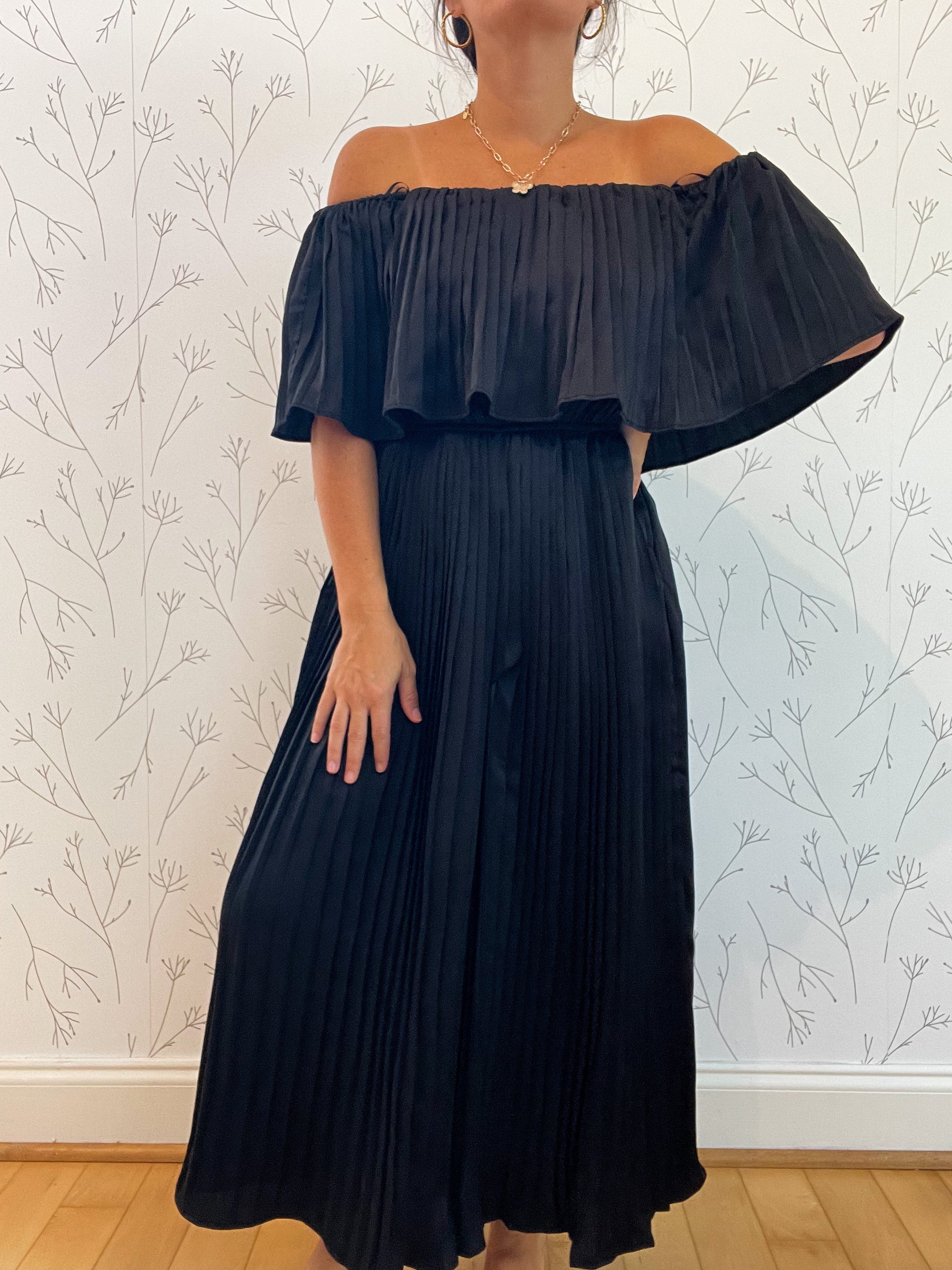 Pleated Off Shoulder Satin Jumpsuit