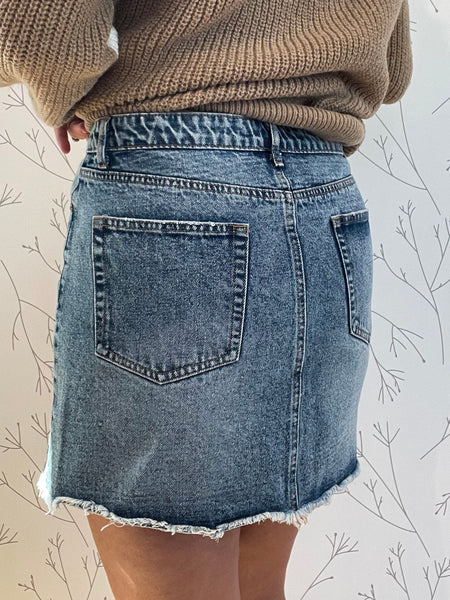 Denim Mini Skirt w/ Frayed Hem