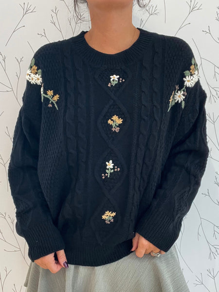 Embroidered Floral Cable Knit Sweater