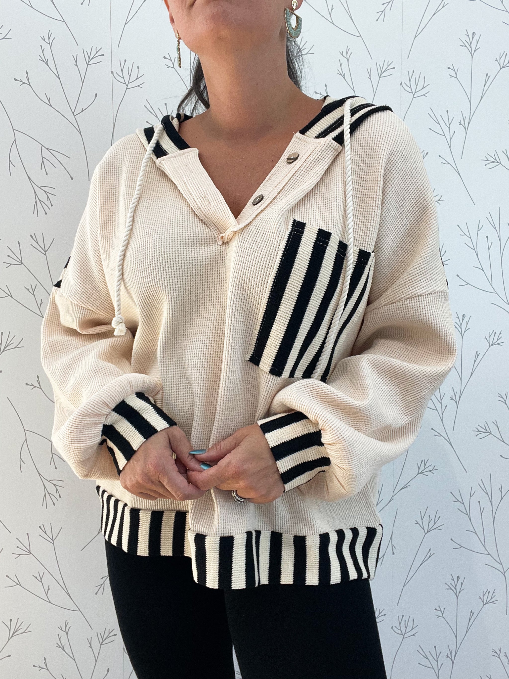 Solid Knit & Stripe Mixed Hoodie Top