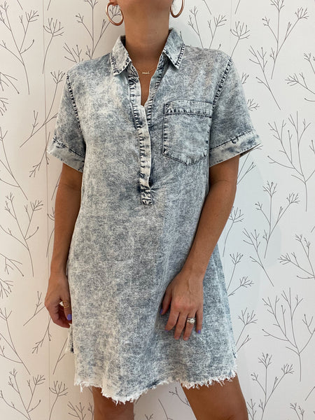 Short Sleeve Washed Denim Shirt Dress