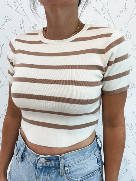 Basic Cropped Short Sleeve Stripe Knit Top