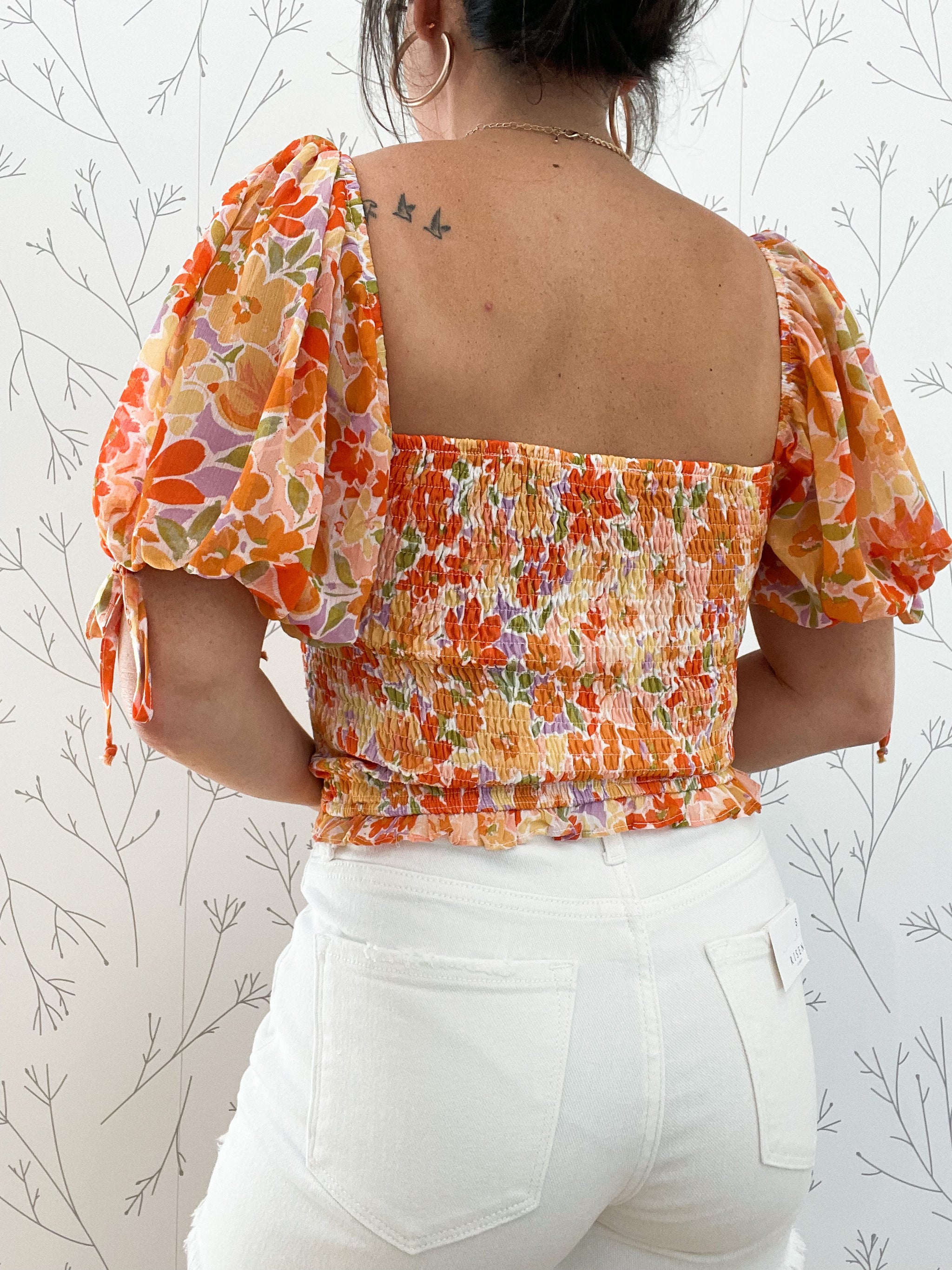 Smocked Floral Ruffled Puff-Sleeve Top