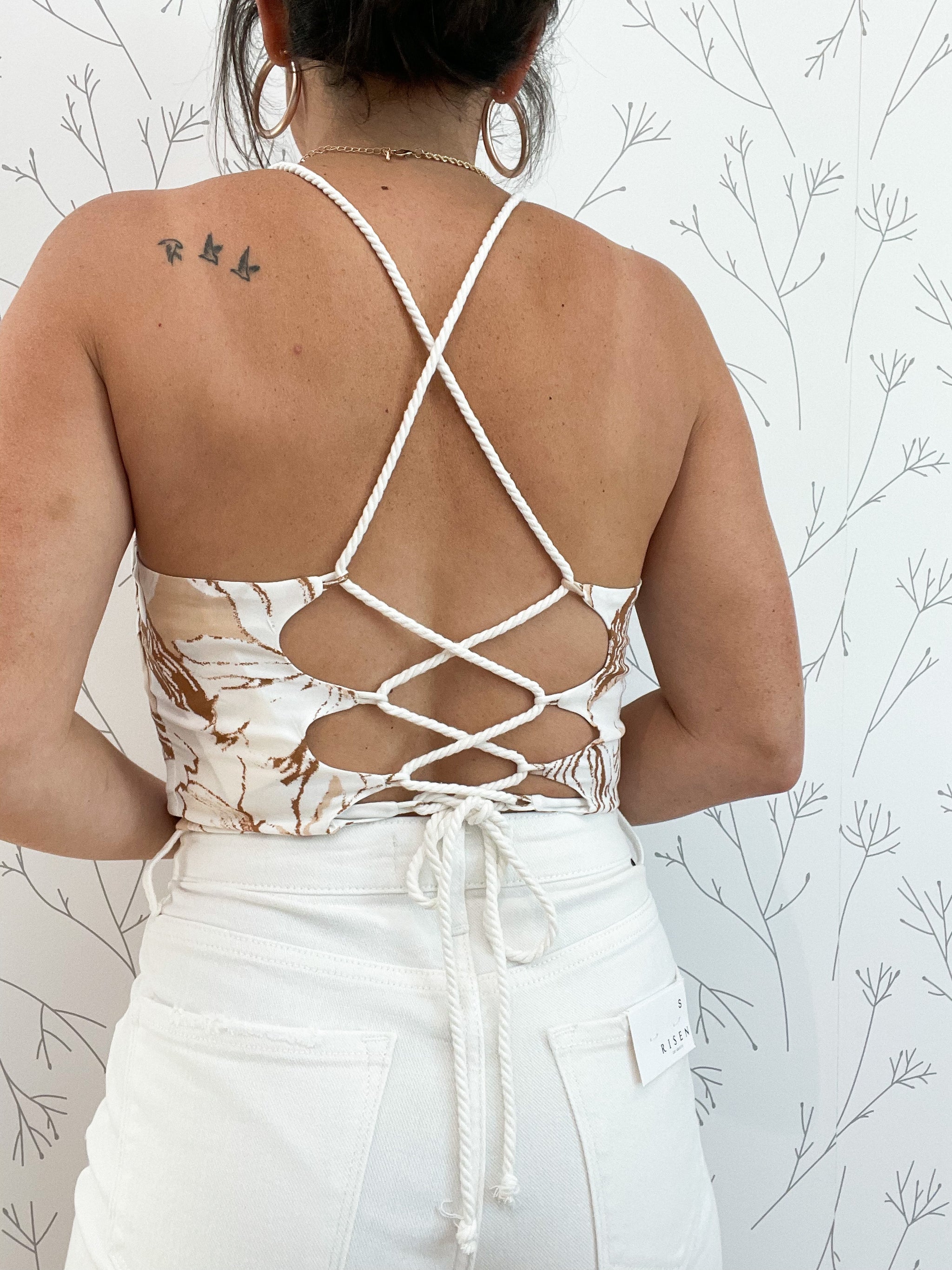 Floral Straight Neck Lace Up Back Crop Top