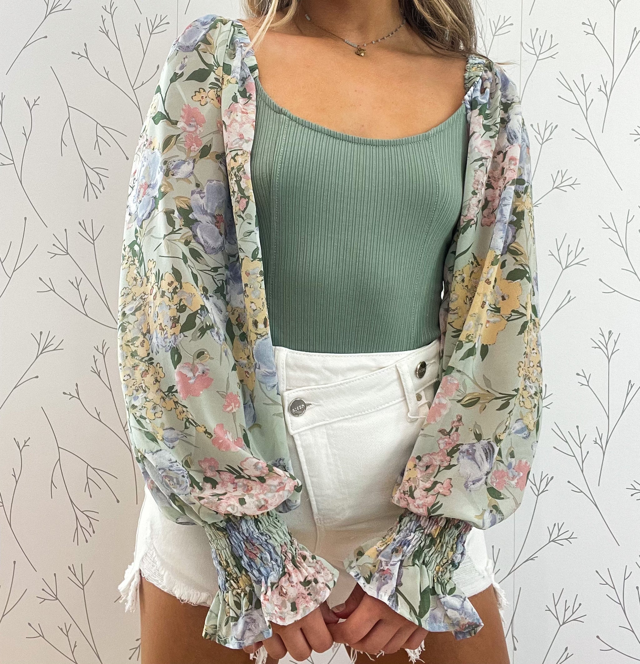 Floral Balloon-Sleeve Ribbed Knit Bodysuit