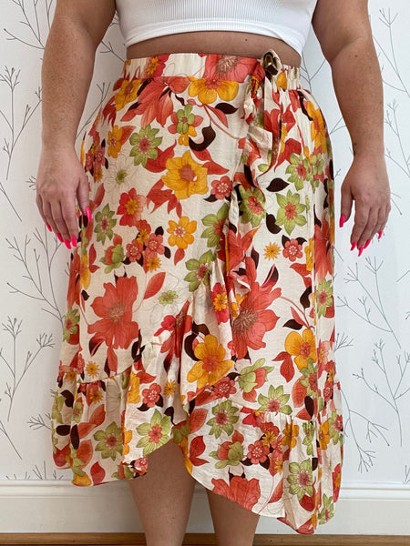 Bold Floral Asymmetric Ruffle Skirt - Plus