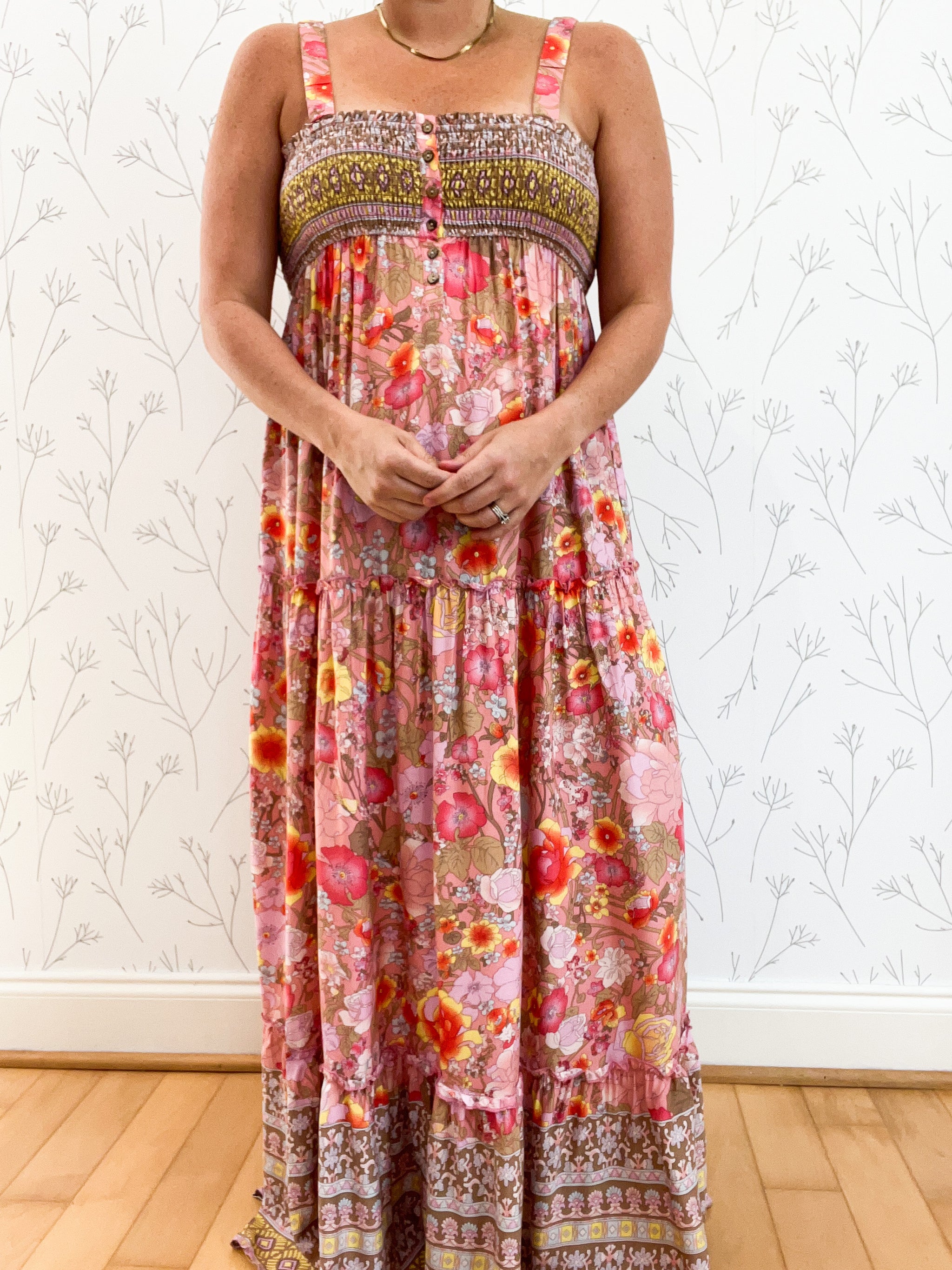 Border Print Smocked Floral Cami Maxi Dress