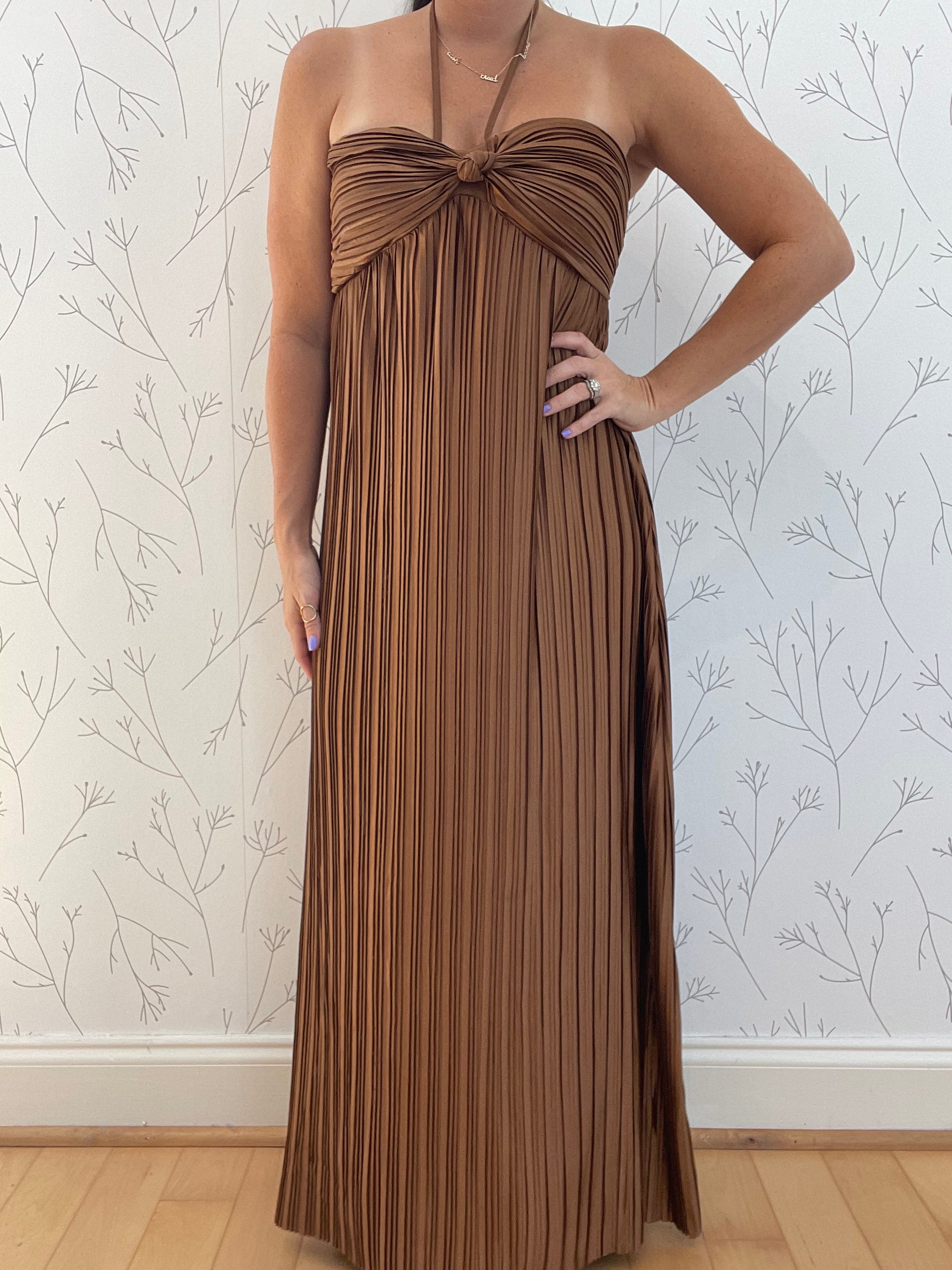 Pleated halter maxi dress hot sale