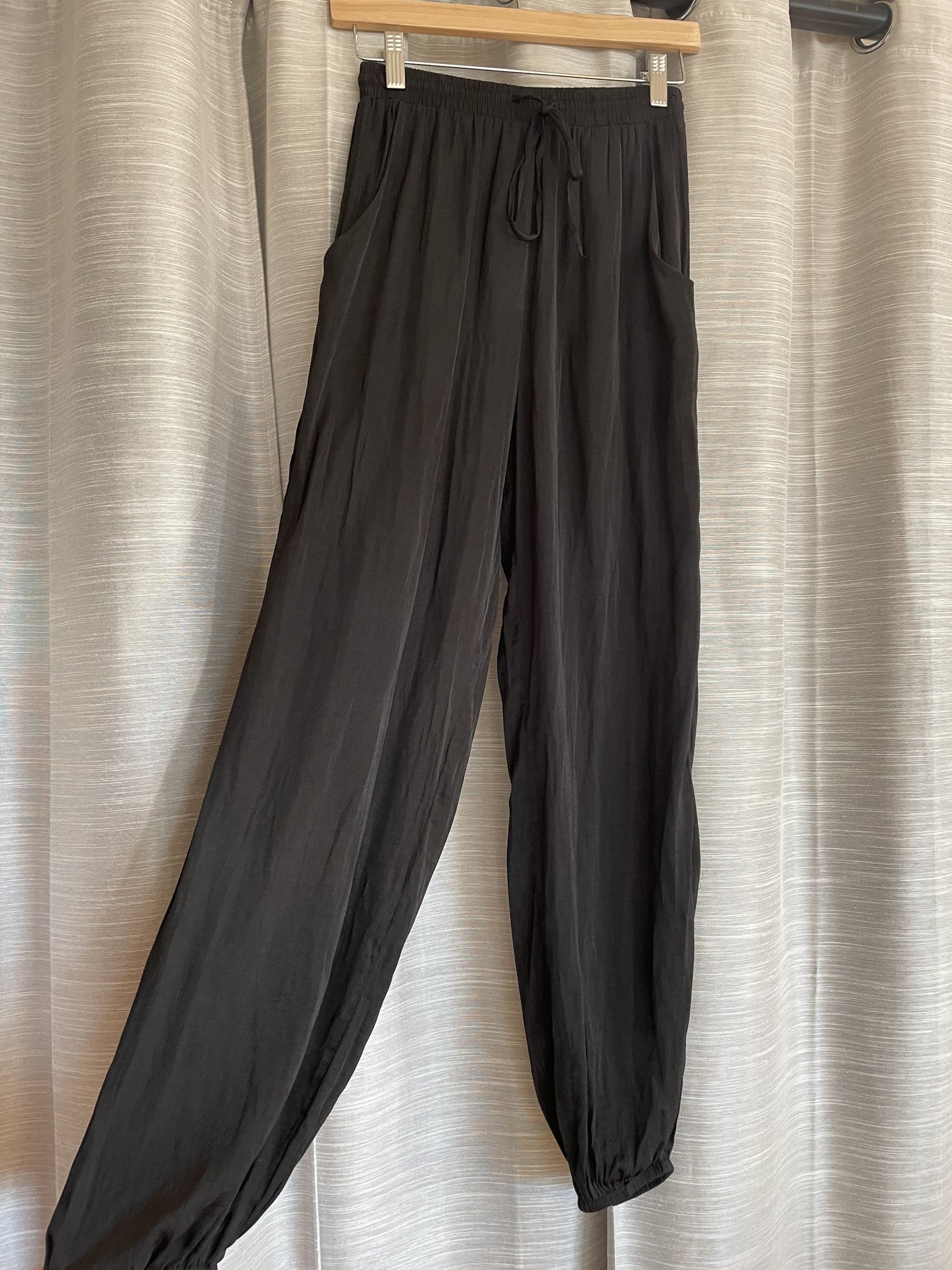 Black Tie Elastic Waist Satin Pants