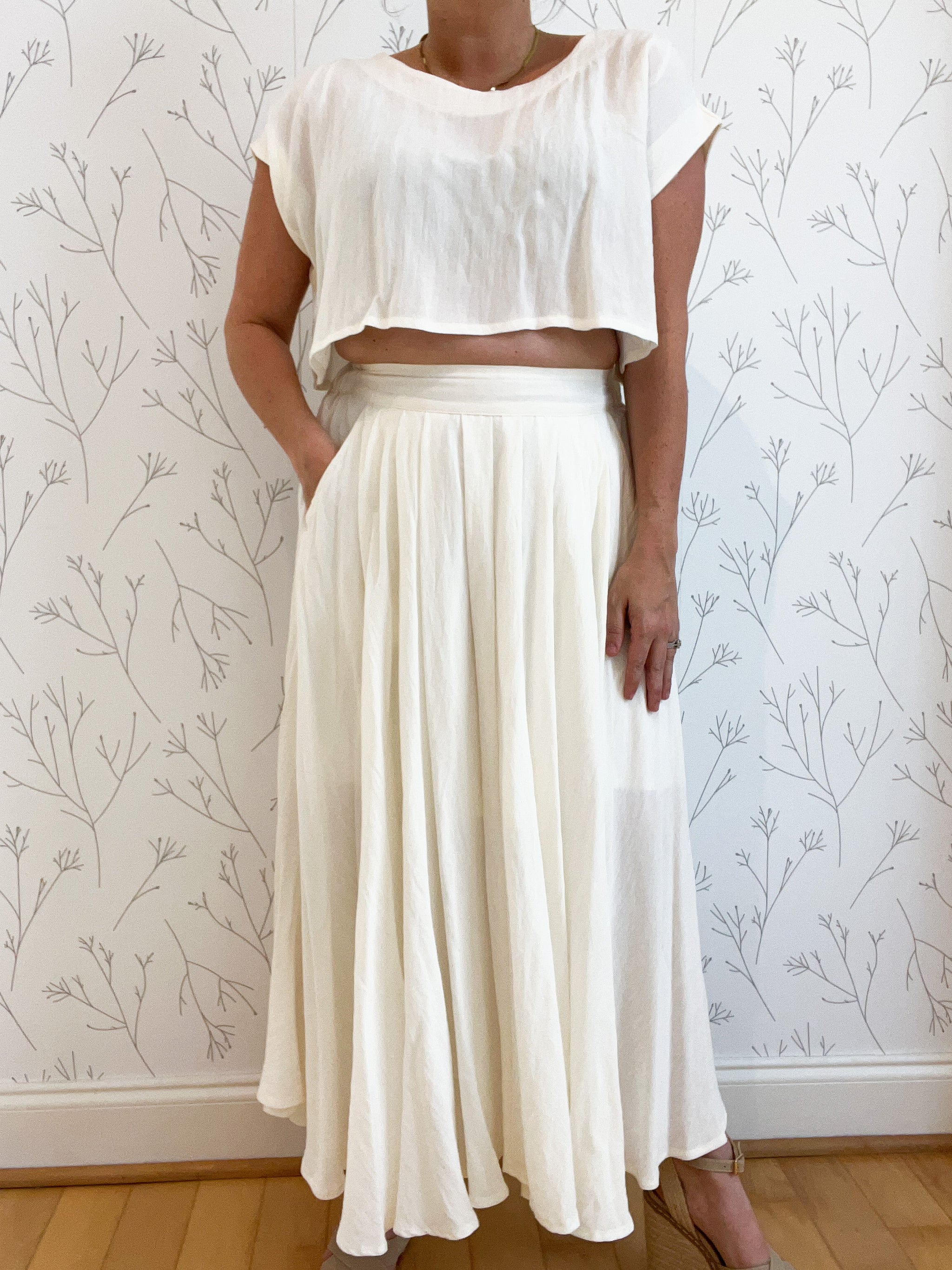 Linen Crop Top & Midi Flare Skirt Set
