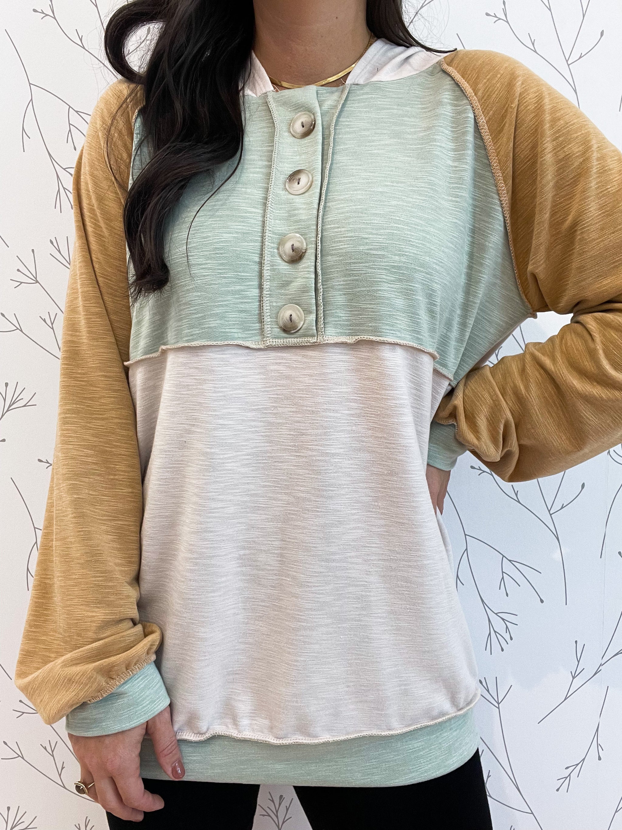 Color Block Buttoned Henley Hoodie