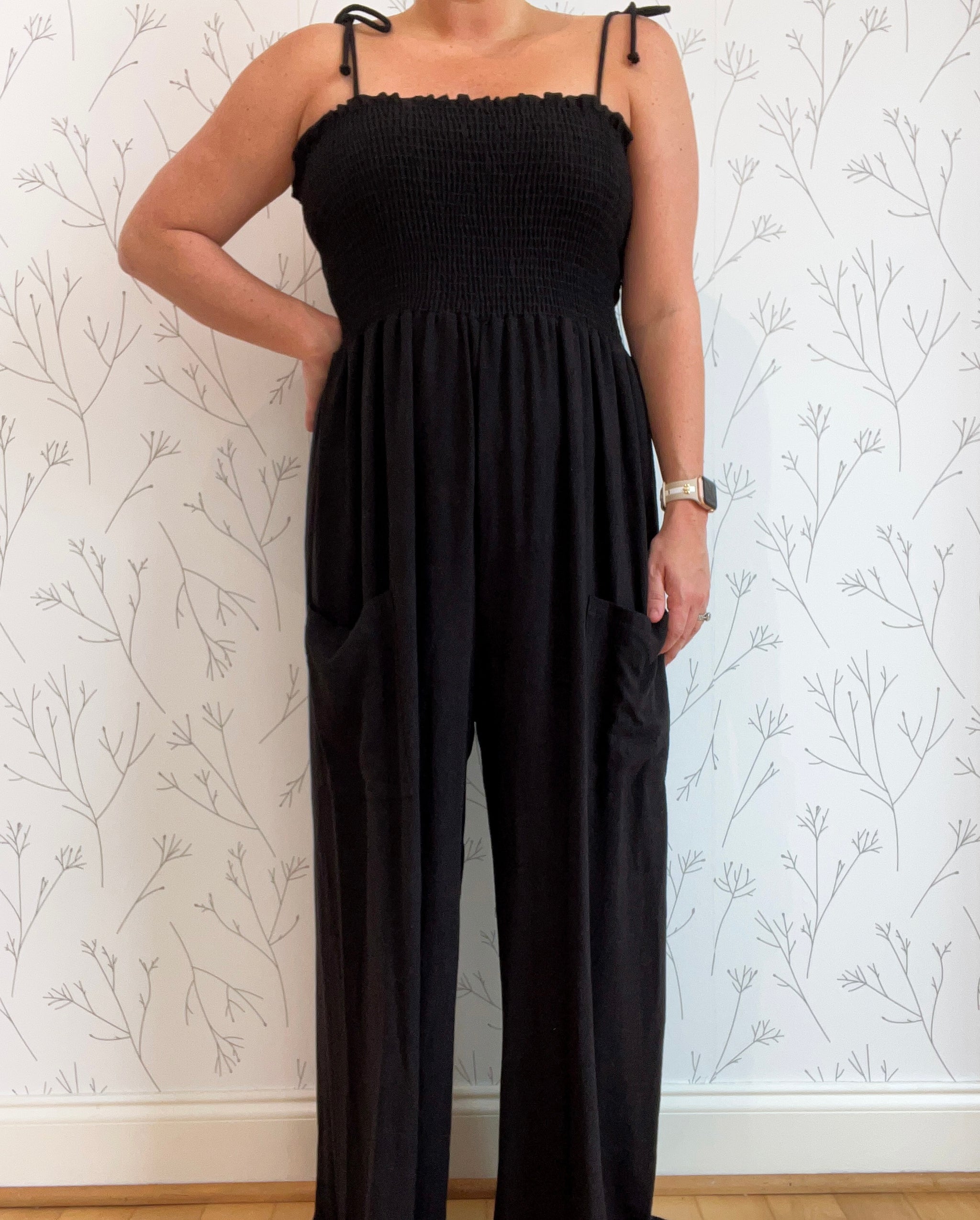 Smocked Top w/ Tie Straps Jumpsuit - Plus Size