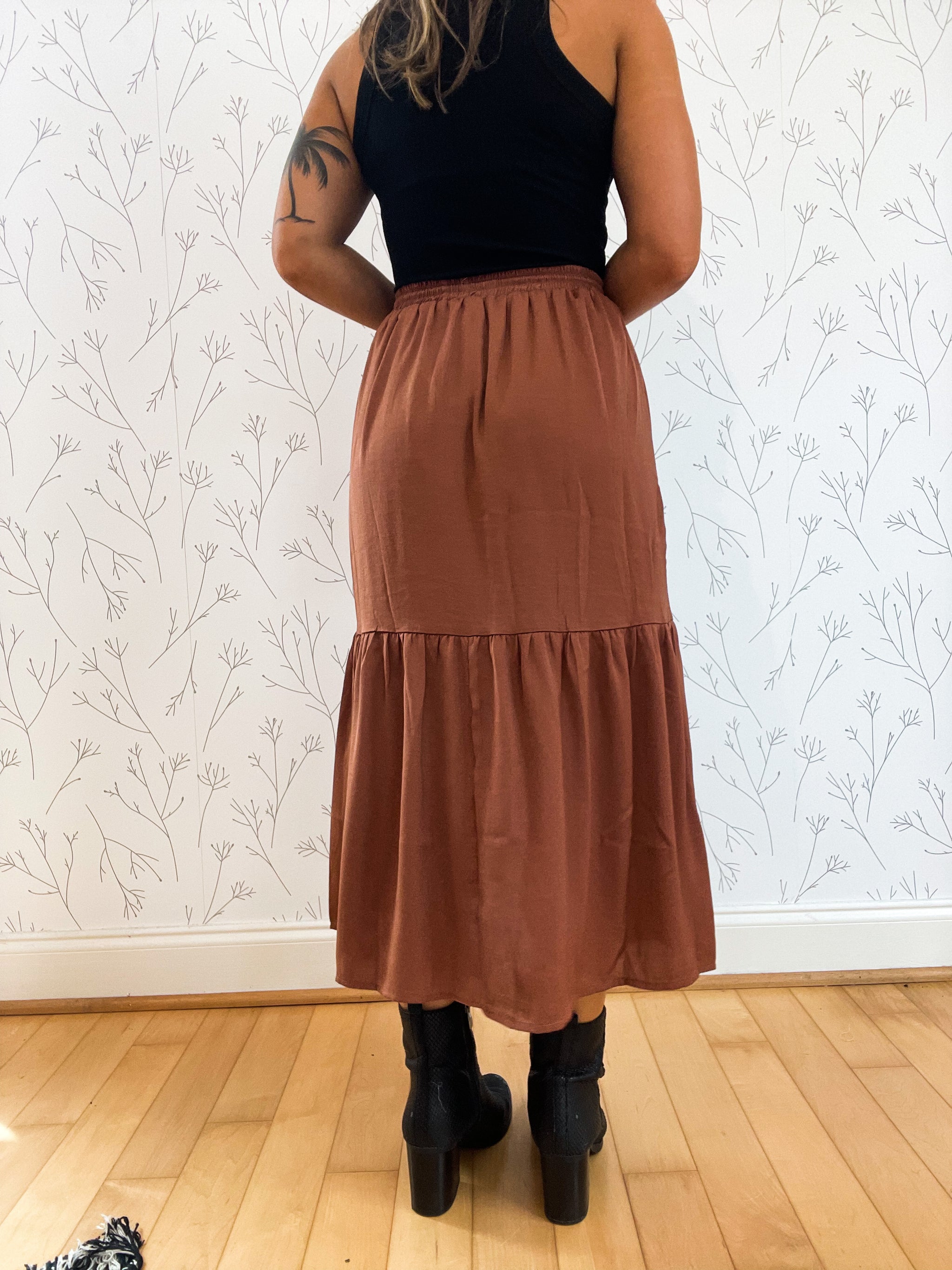 Elastic Waist Satin Midi Skirt