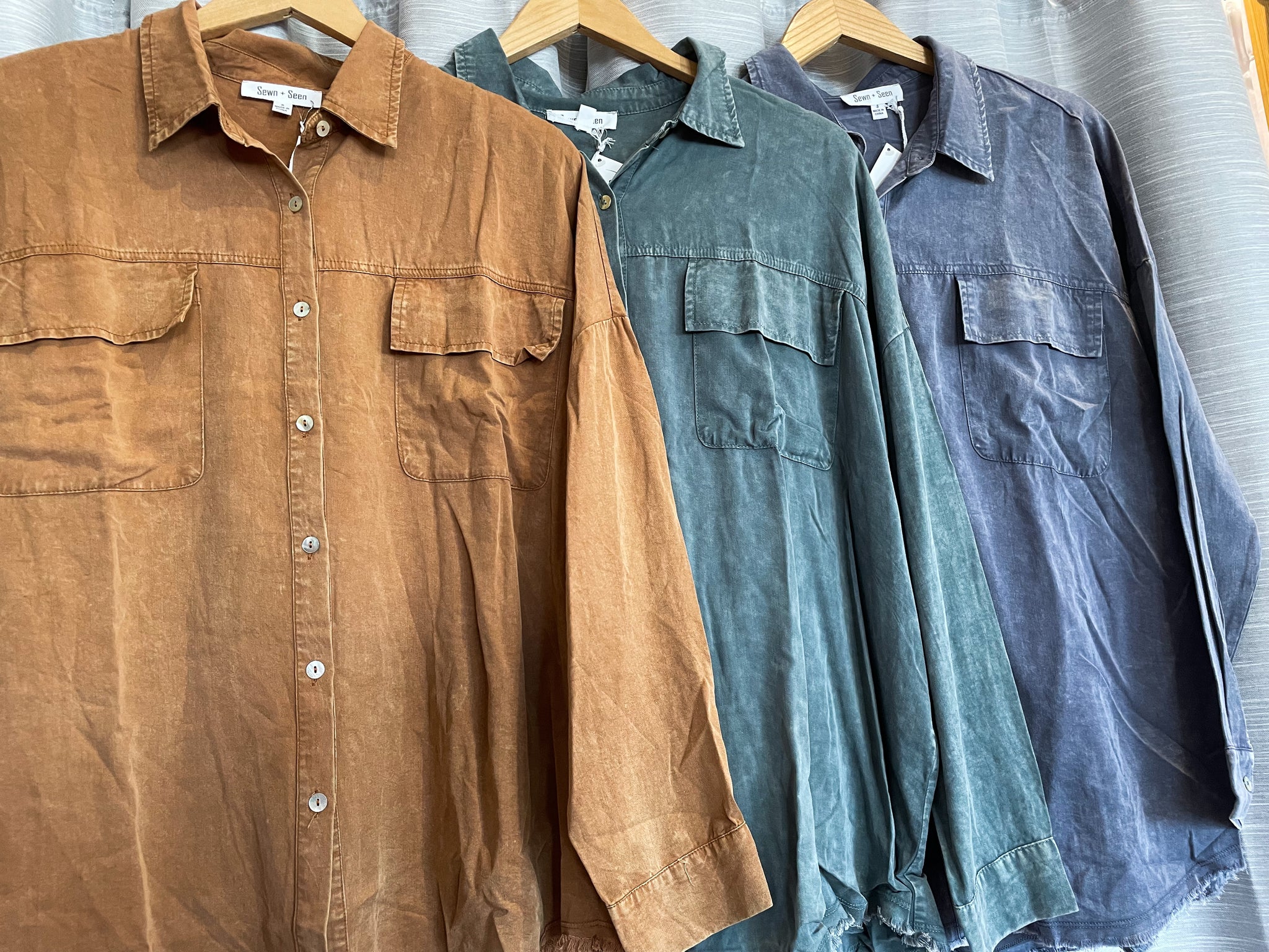 Mineral Wash Ruffle Hem Button Down Top