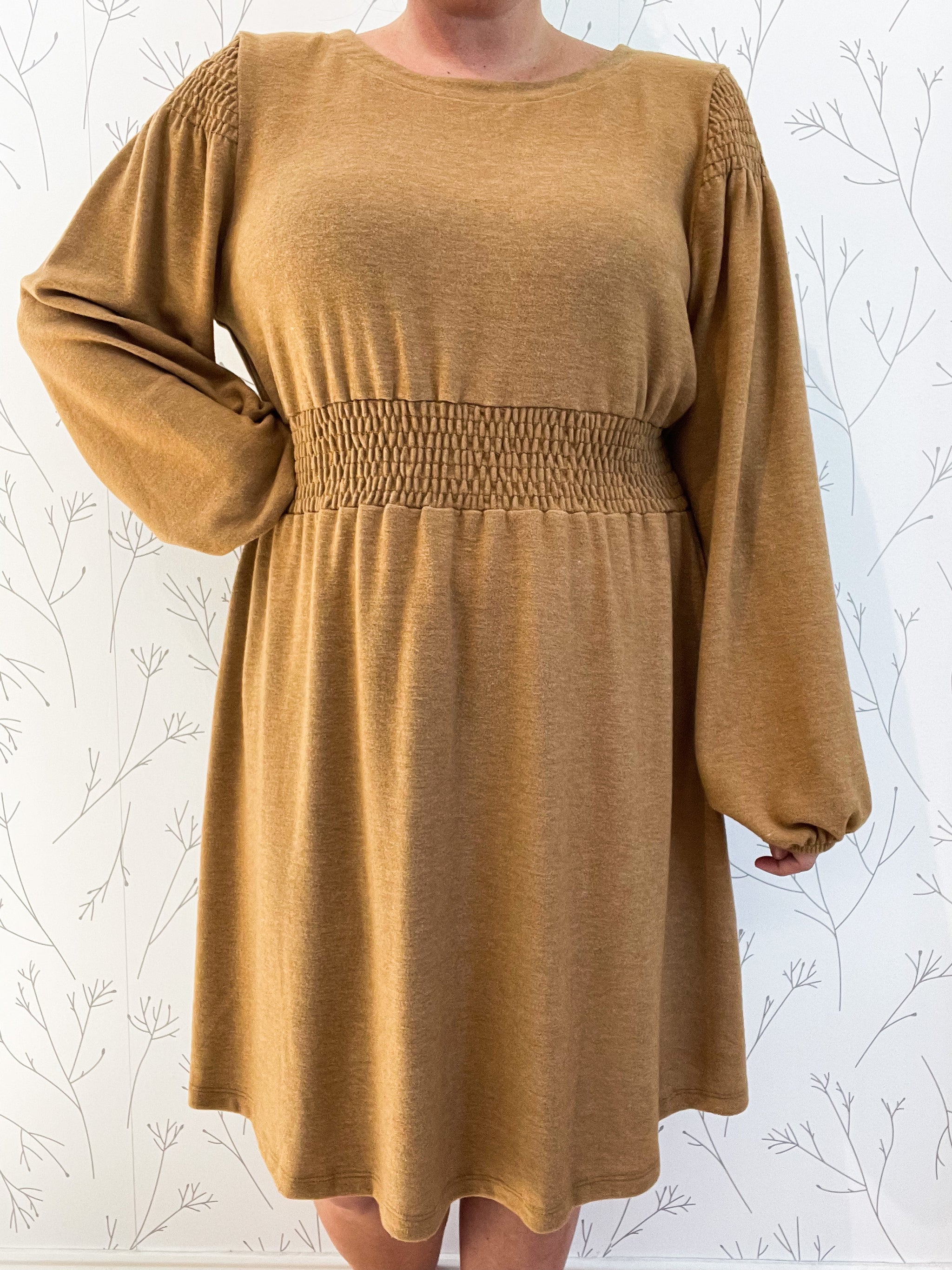 Smocked Waist long sleeve Flare dress plus size