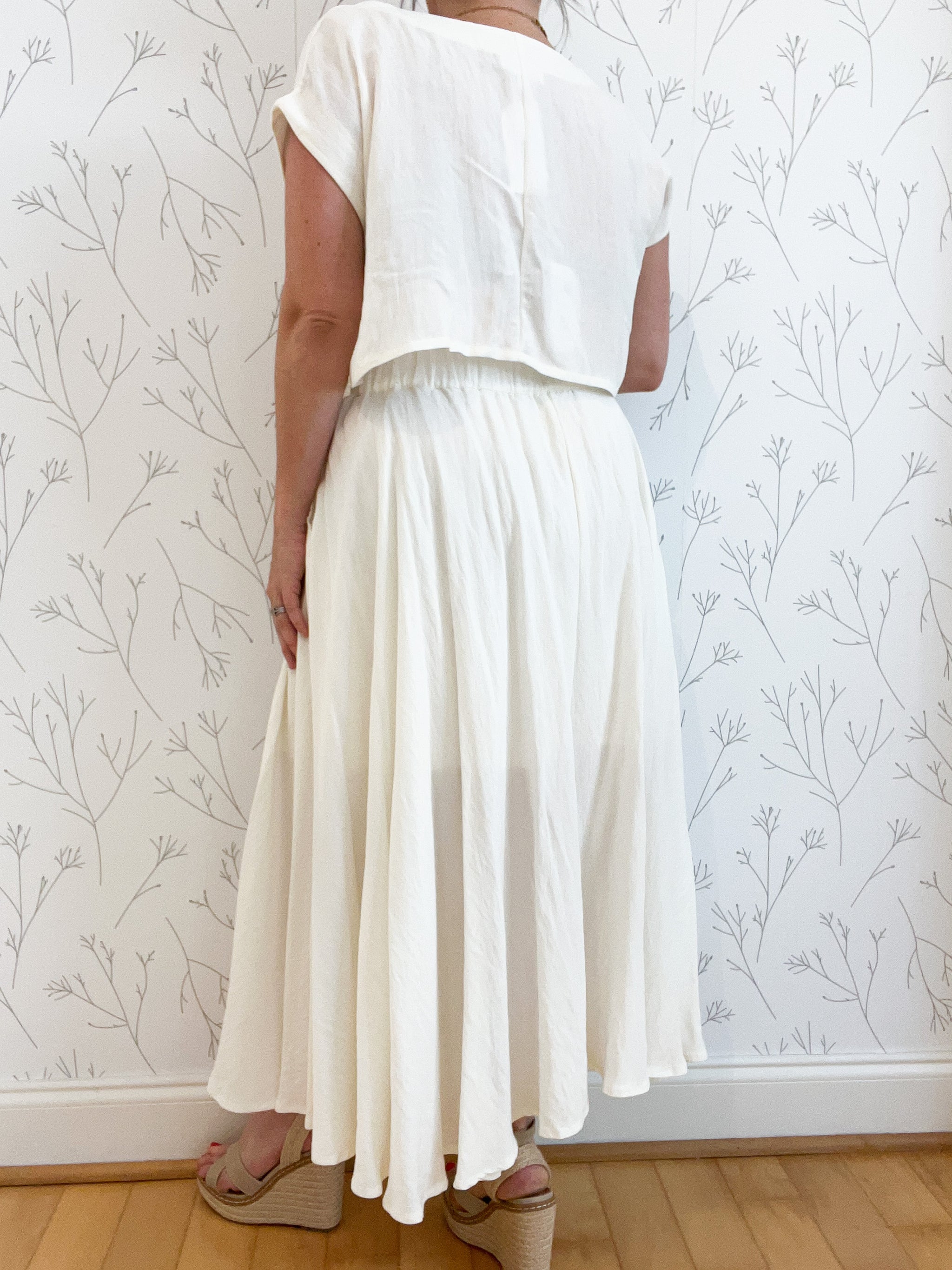 Linen Crop Top & Midi Flare Skirt Set