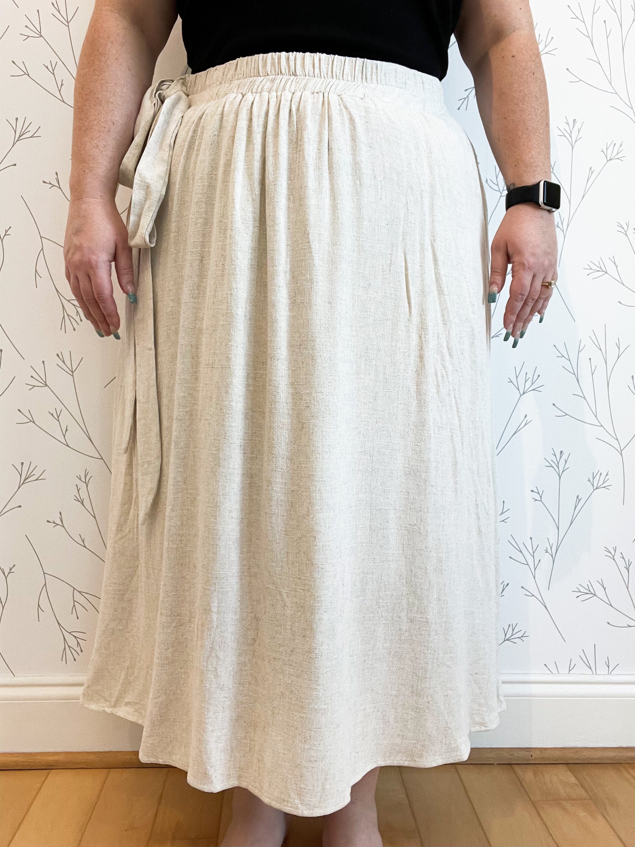 Side Tie Linen Midi Skirt - (Plus)