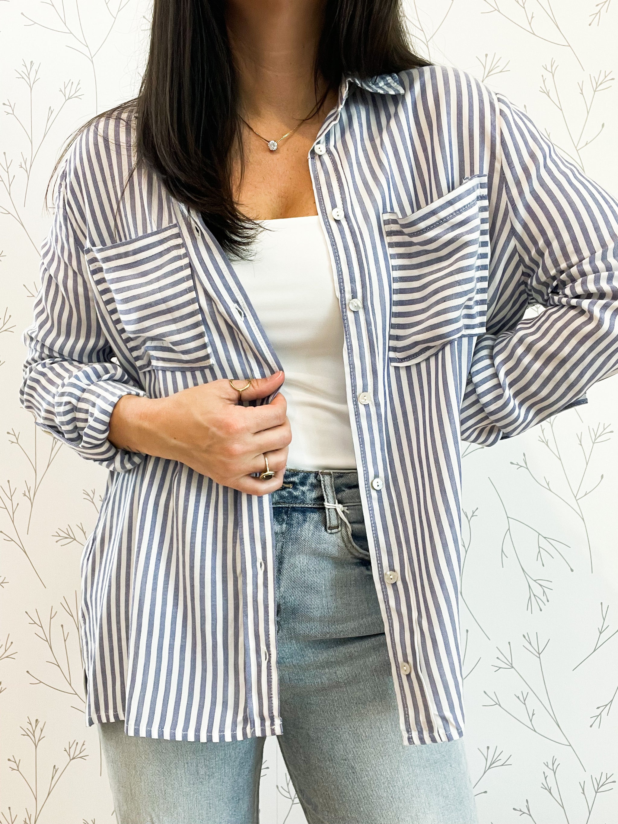 Striped Roll Up Sleeve Button Down Blouse