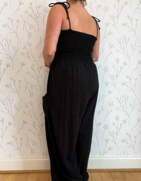 Smocked Top w/ Tie Straps Jumpsuit - Plus Size