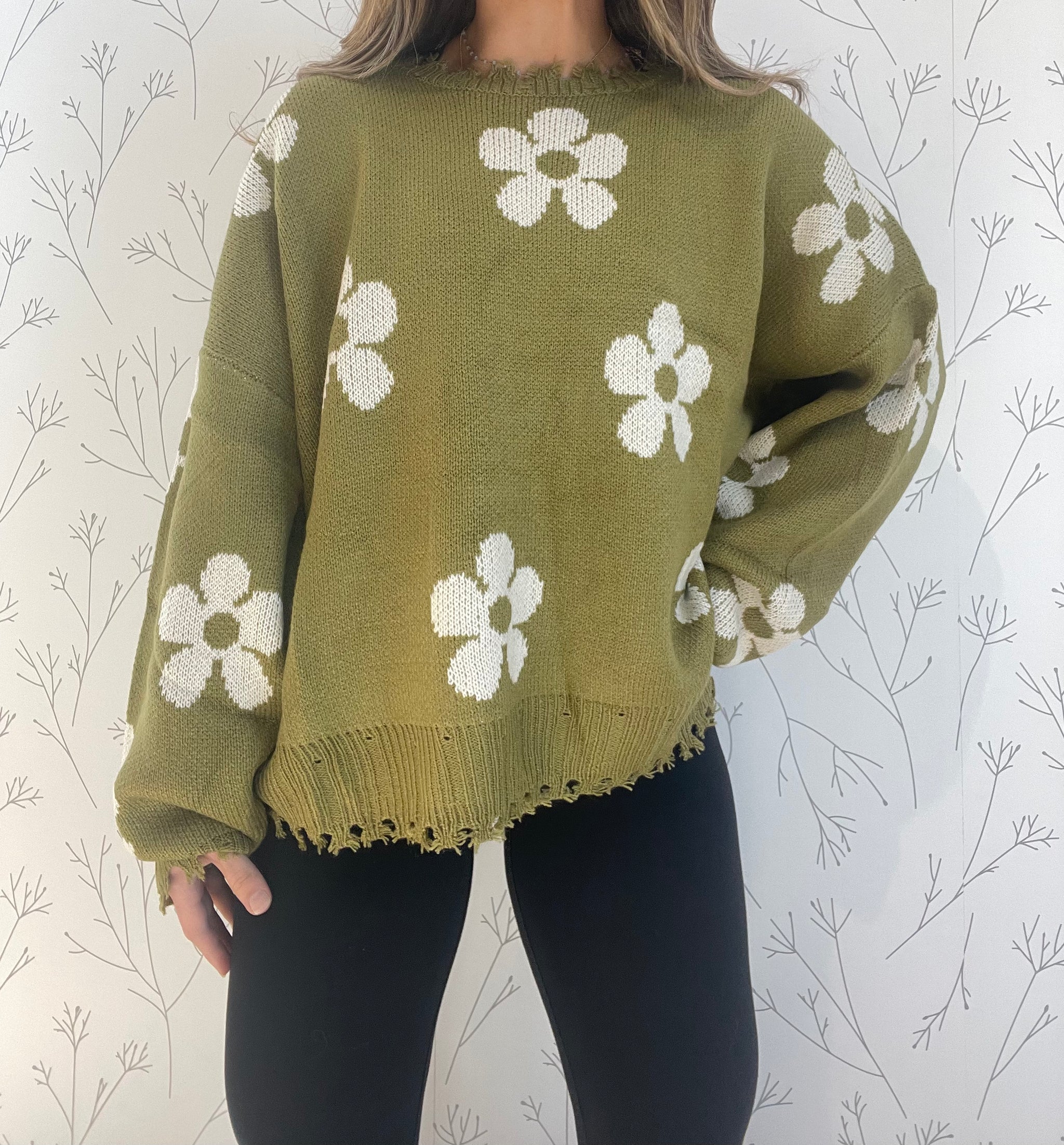 Distressed Floral Patterned Sweater - Plus