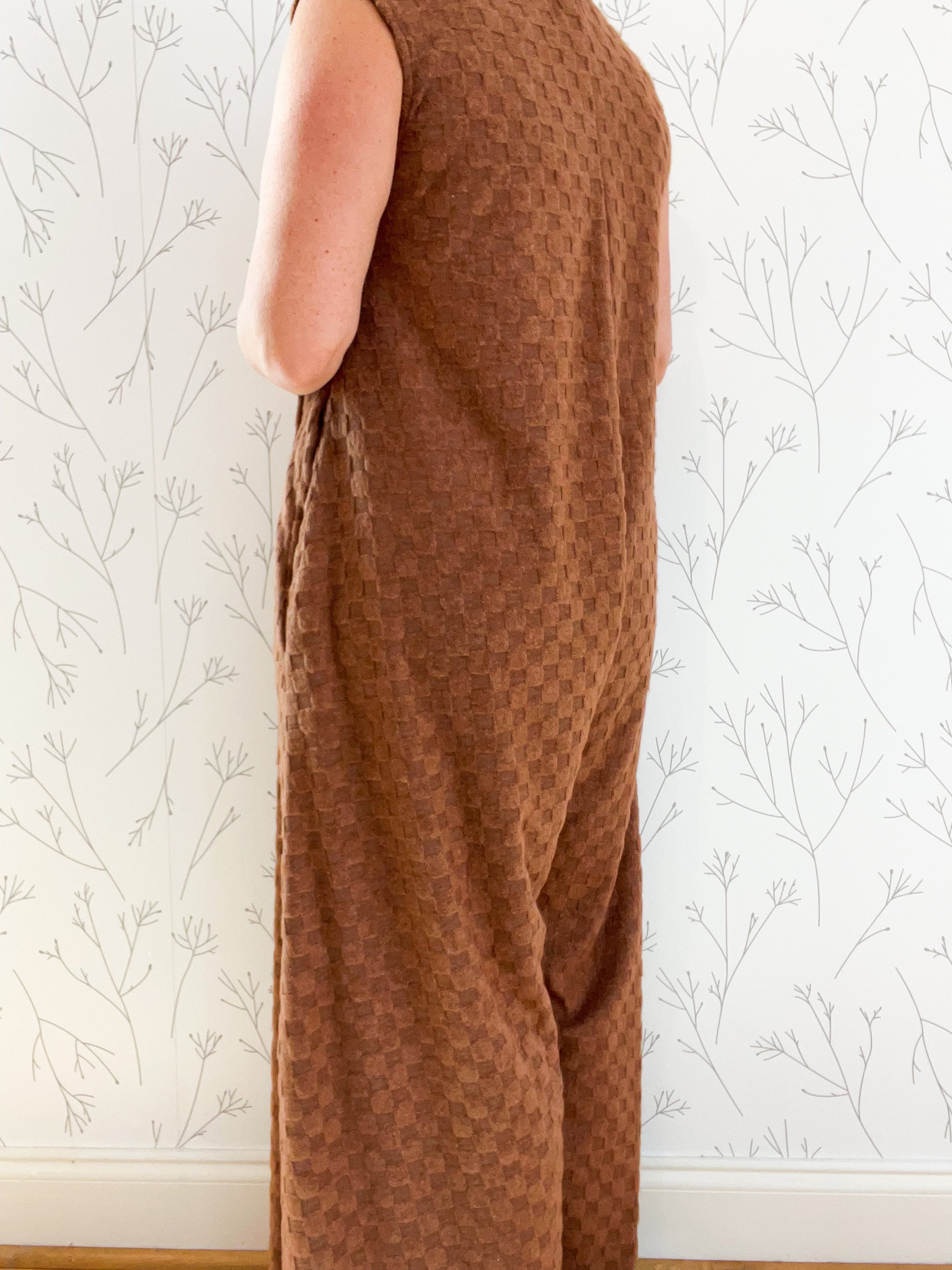 Checkered Brushed Knit Wide Leg Jumpsuit